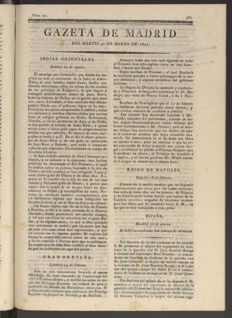 Miniatura de Gaceta de Madrid del 31 de marzo de 1812