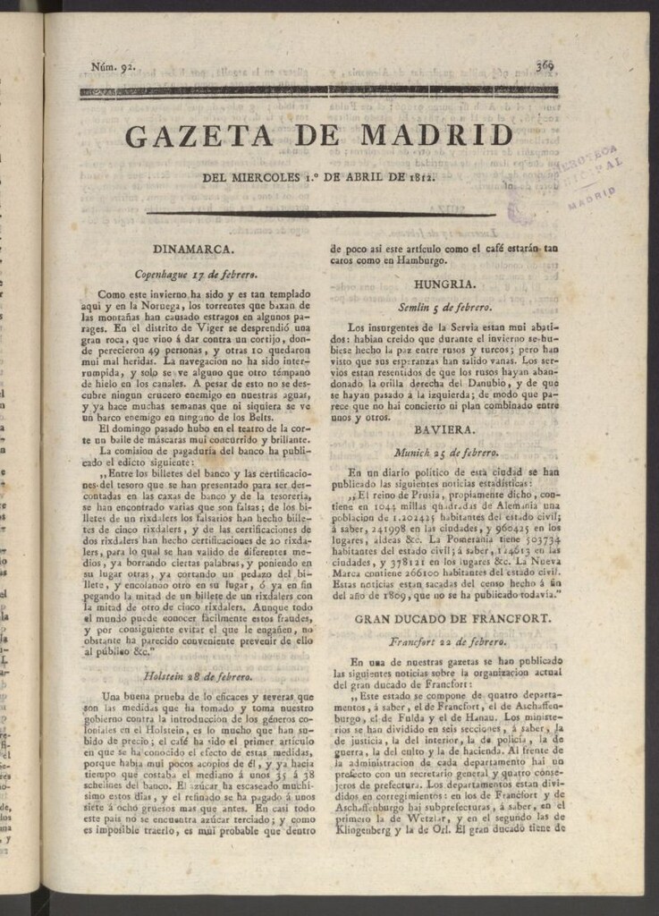 Miniatura de Gaceta de Madrid del 1 de abril de 1812