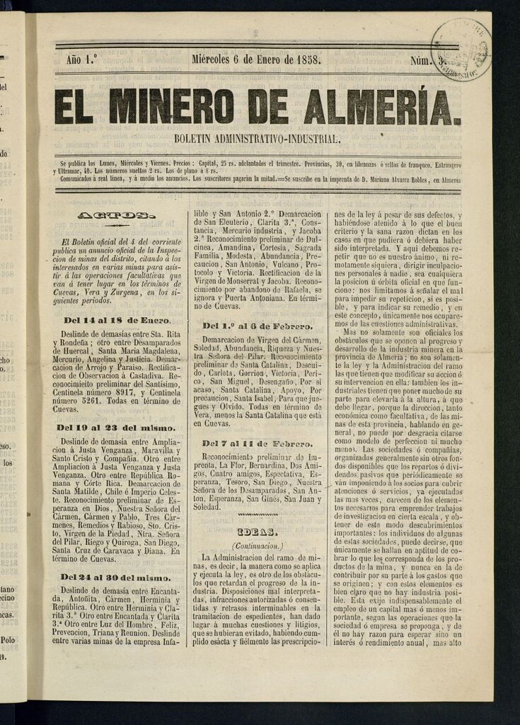 Miniatura de El Minero de Almería : boletín administrativo-industrial del 6 de enero de 1858
