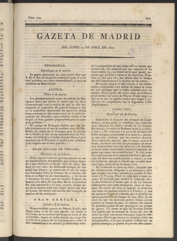 Miniatura de Gaceta de Madrid del 13 de abril de 1812