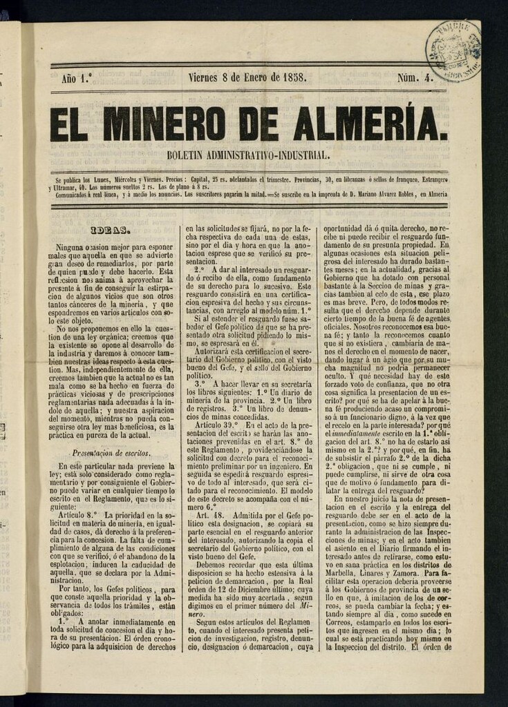 Miniatura de El Minero de Almería : boletín administrativo-industrial del 8 de enero de 1858