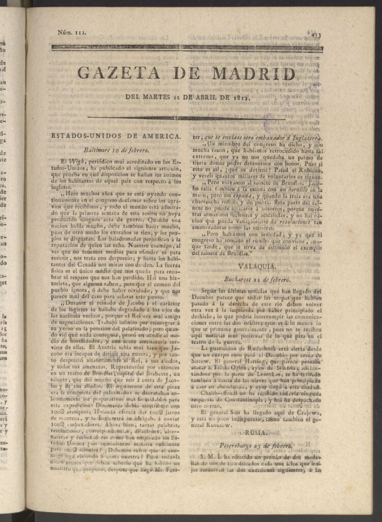 Miniatura de Gaceta de Madrid del 21 de abril de 1812