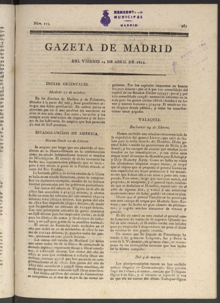 Miniatura de Gaceta de Madrid del 24 de abril de 1812