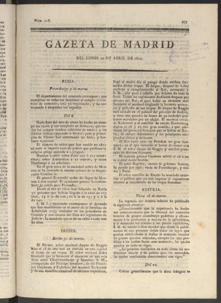 Miniatura de Gaceta de Madrid del 27 de abril de 1812