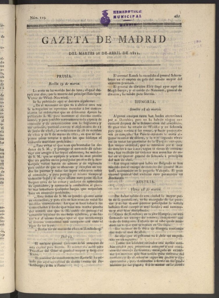 Miniatura de Gaceta de Madrid del 28 de abril de 1812