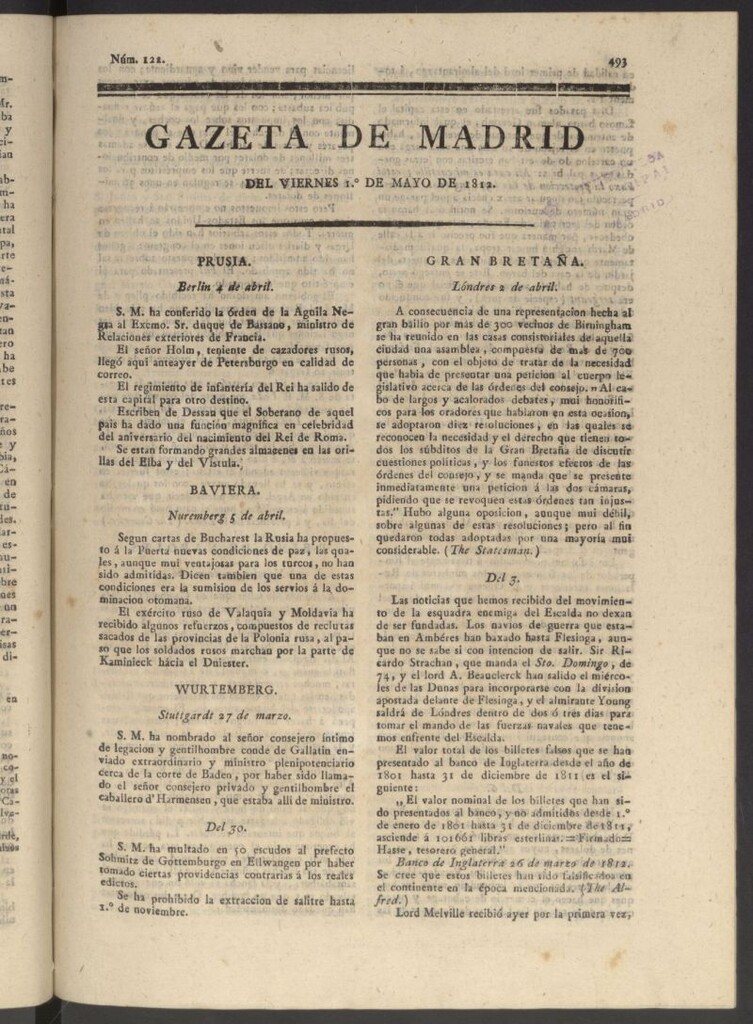 Miniatura de Gaceta de Madrid del 1 de mayo de 1812