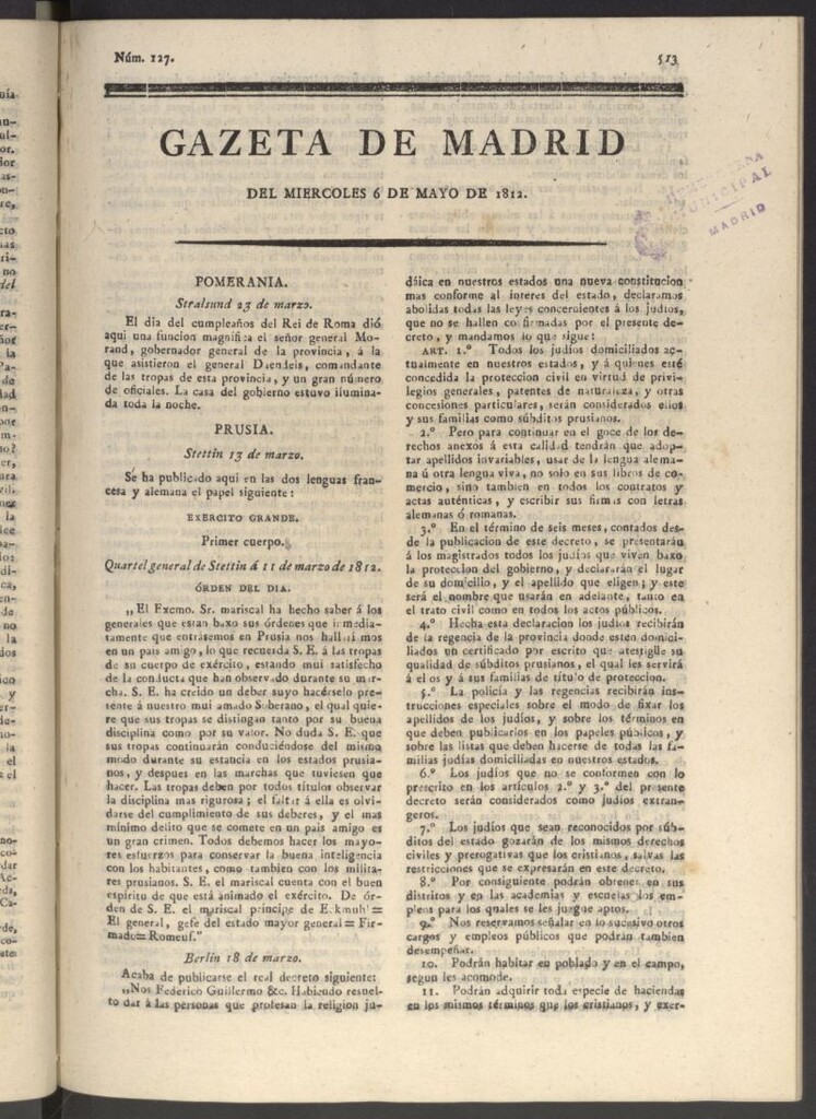 Miniatura de Gaceta de Madrid del 6 de mayo de 1812