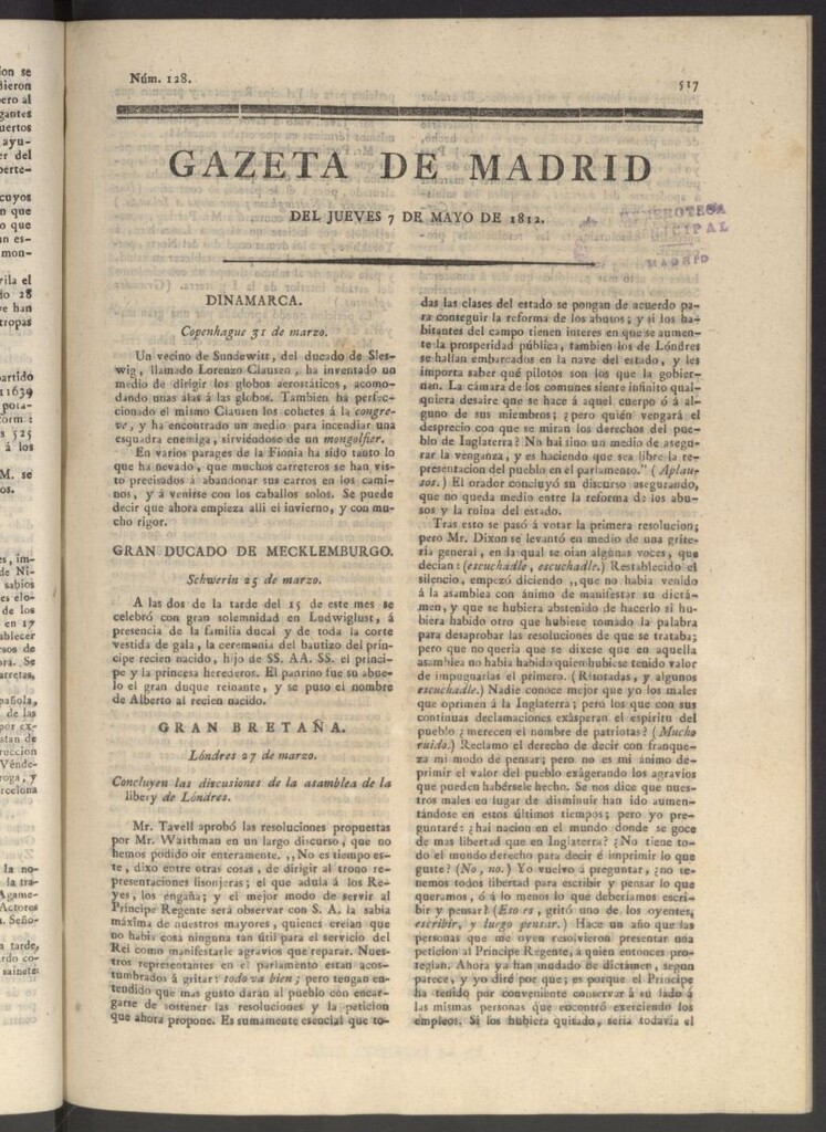 Miniatura de Gaceta de Madrid del 7 de mayo de 1812