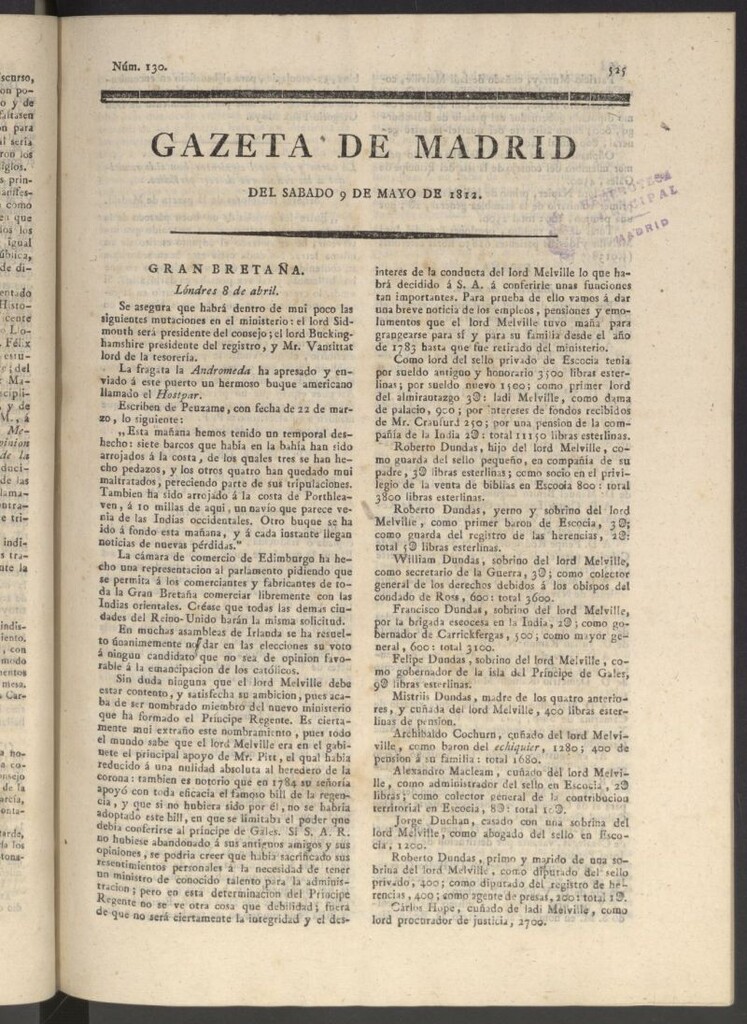 Miniatura de Gaceta de Madrid del 9 de mayo de 1812