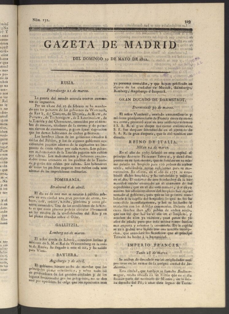 Miniatura de Gaceta de Madrid del 10 de mayo de 1812