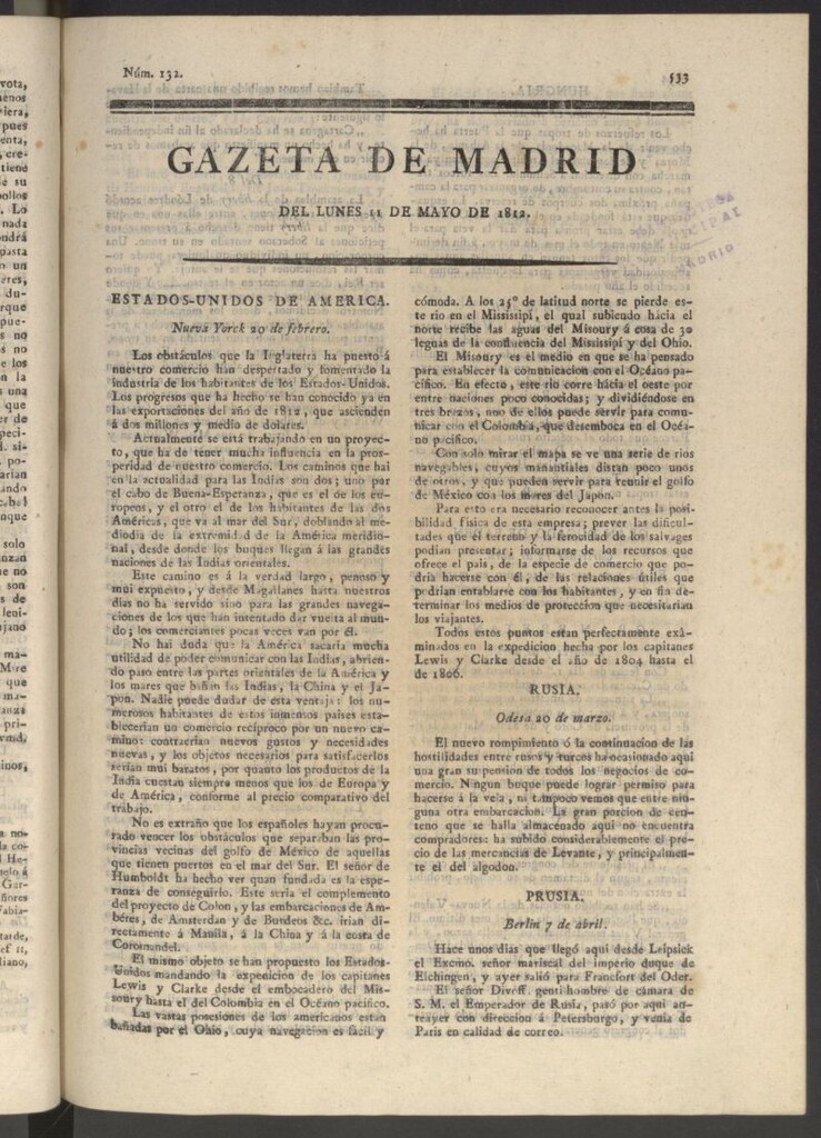 Miniatura de Gaceta de Madrid del 11 de mayo de 1812