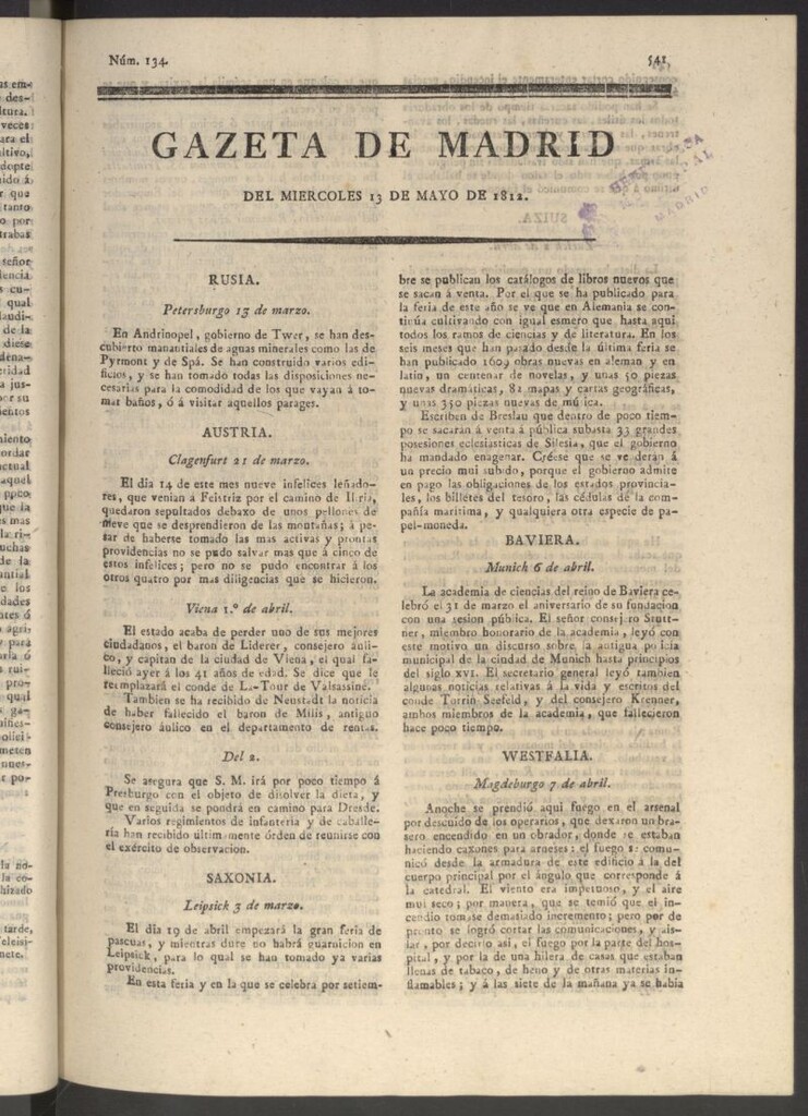 Miniatura de Gaceta de Madrid del 13 de mayo de 1812