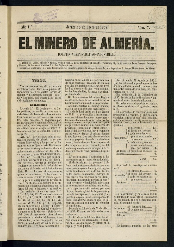 Miniatura de El Minero de Almería : boletín administrativo-industrial del 15 de enero de 1858