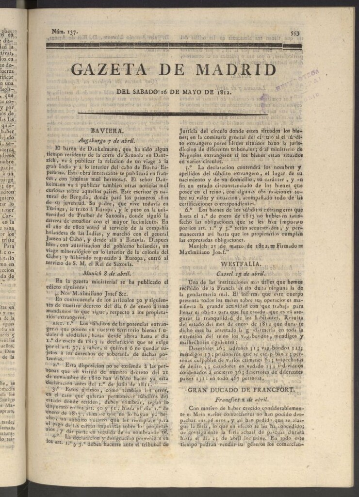 Miniatura de Gaceta de Madrid del 16 de mayo de 1812