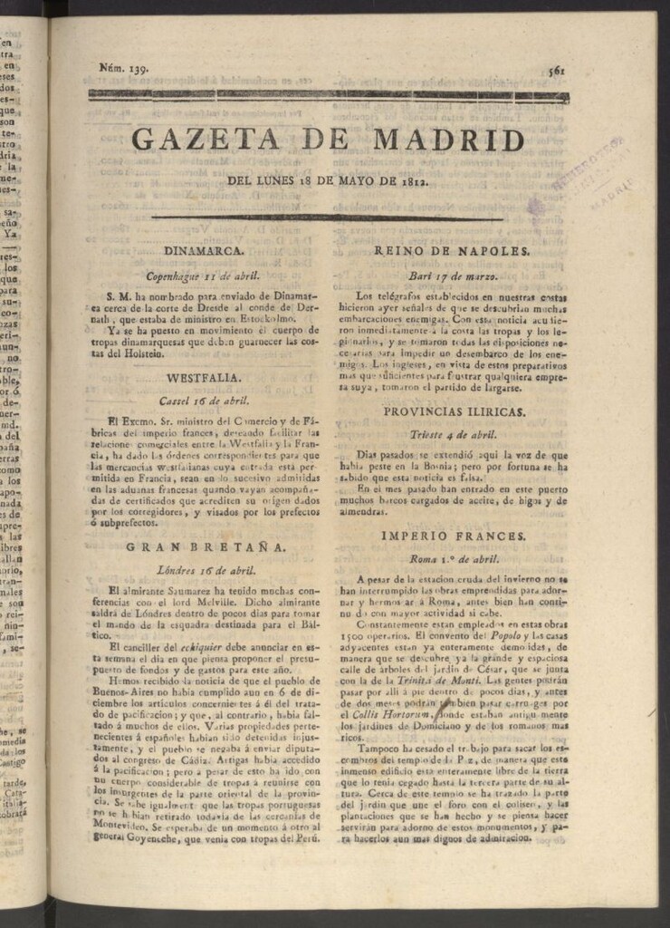 Miniatura de Gaceta de Madrid del 18 de mayo de 1812