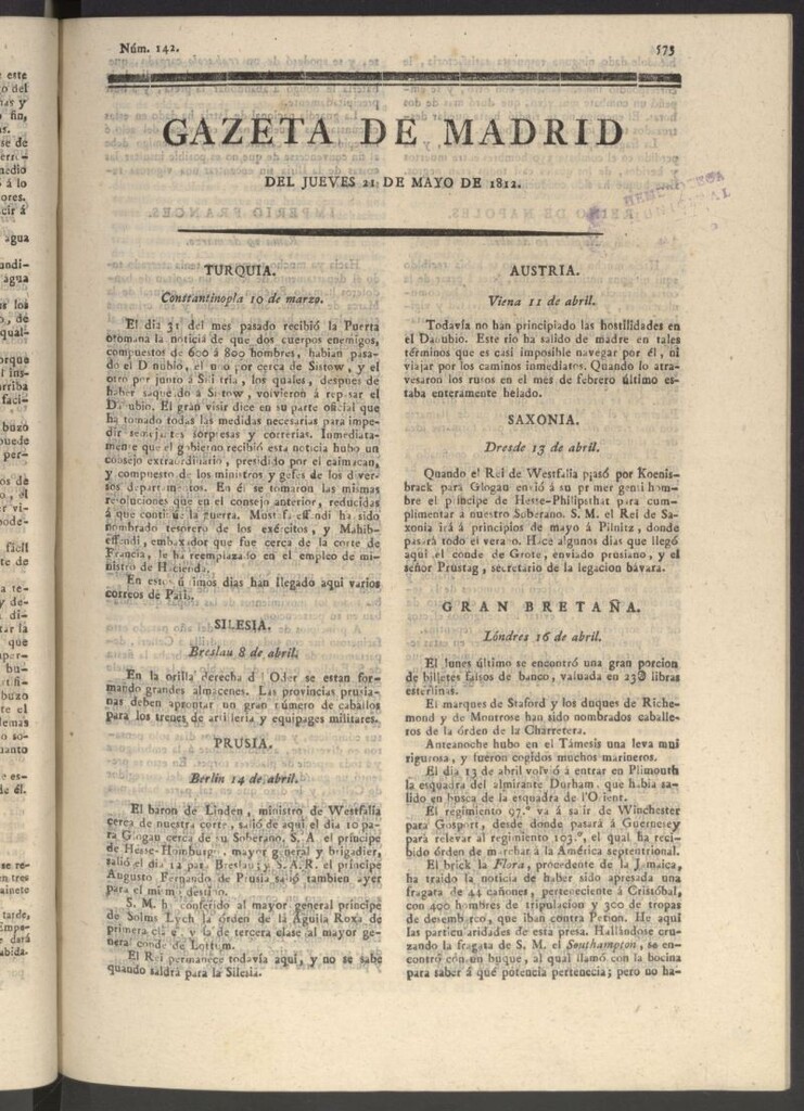 Miniatura de Gaceta de Madrid del 21 de mayo de 1812