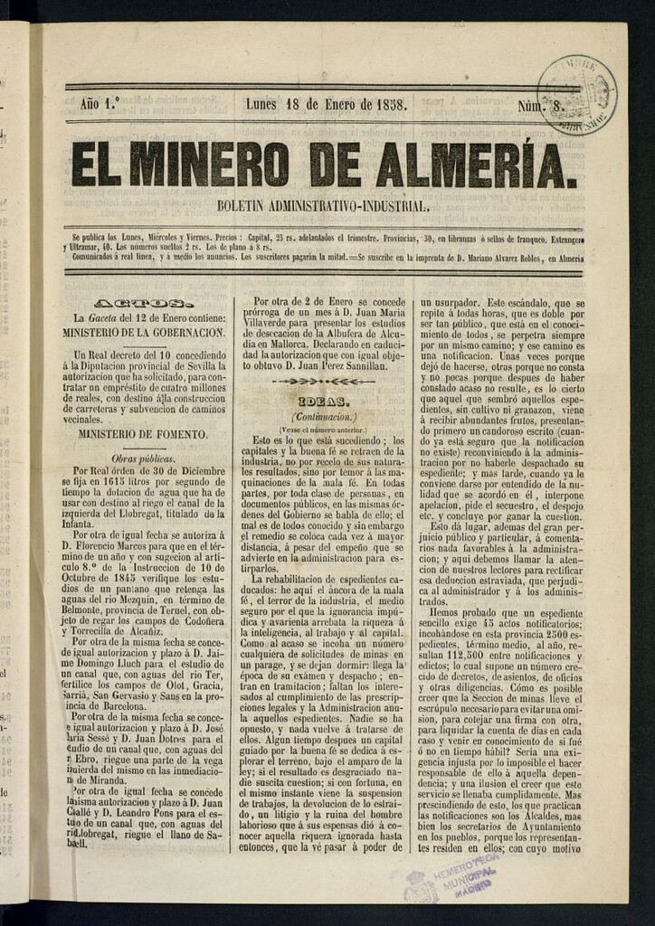 Miniatura de El Minero de Almería : boletín administrativo-industrial del 18 de enero de 1858
