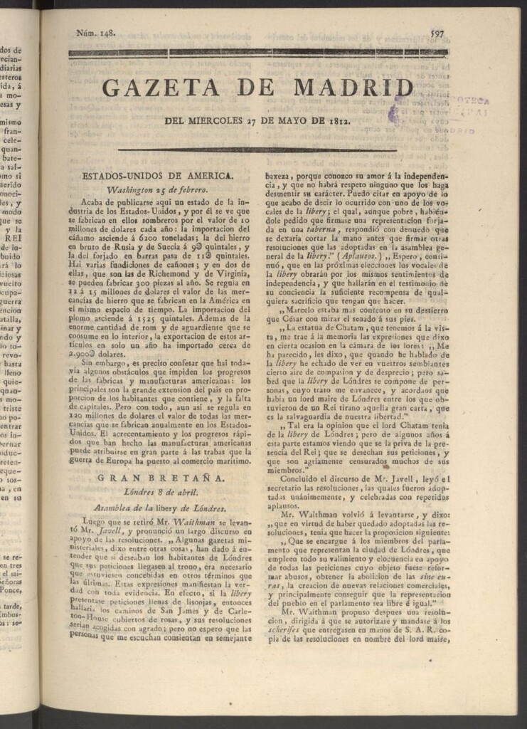Miniatura de Gaceta de Madrid del 27 de mayo de 1812