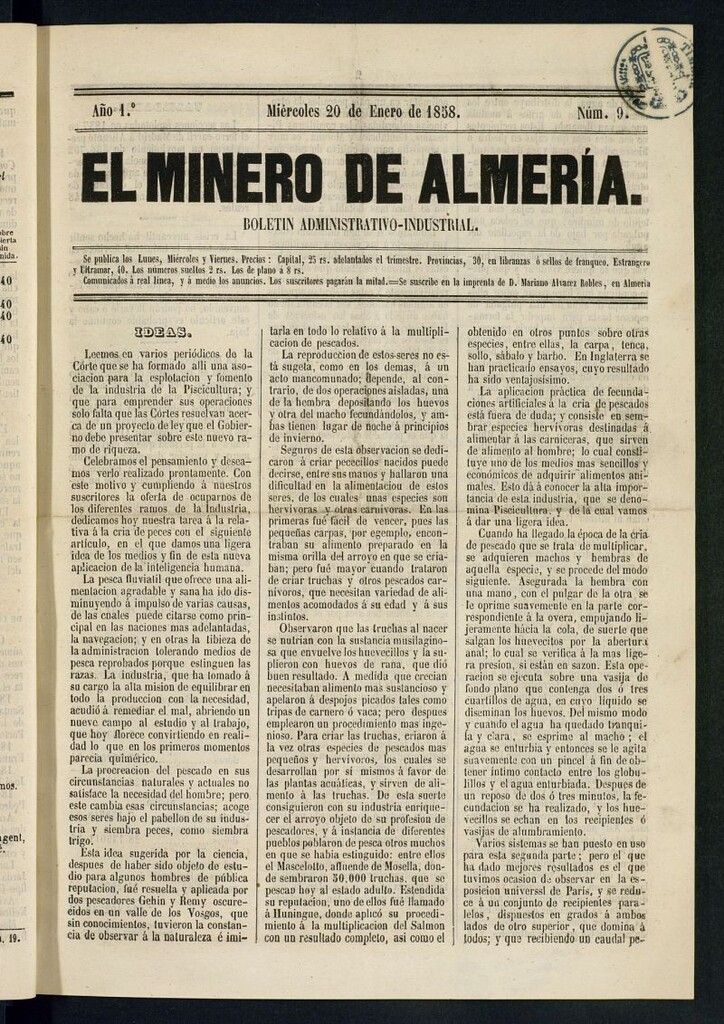 Miniatura de El Minero de Almería : boletín administrativo-industrial del 20 de enero de 1858