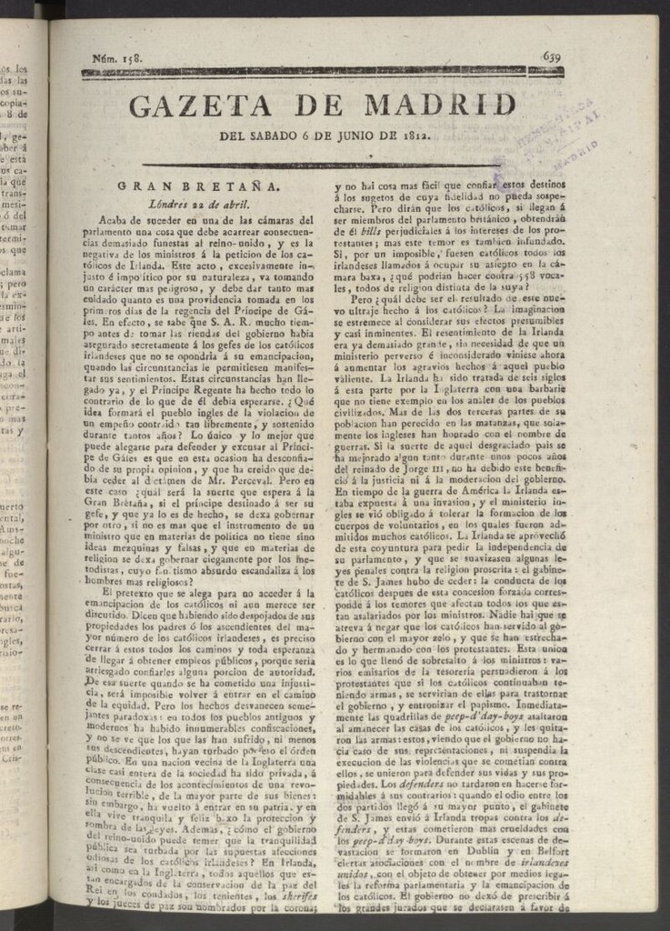 Miniatura de Gaceta de Madrid del 6 de junio de 1812