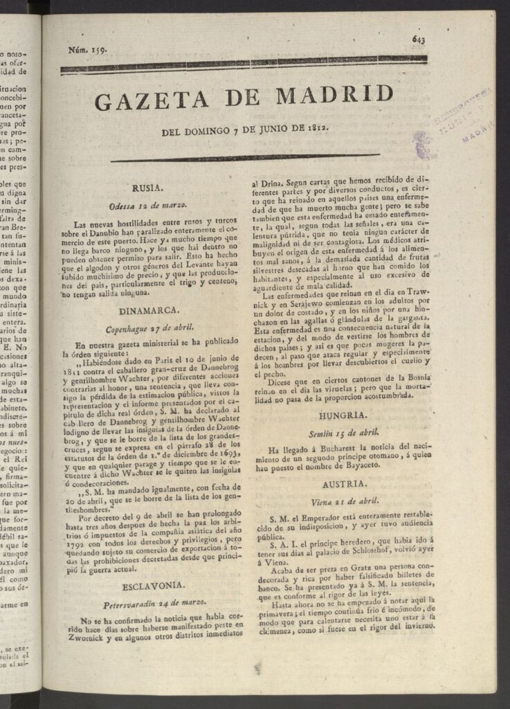 Miniatura de Gaceta de Madrid del 7 de junio de 1812