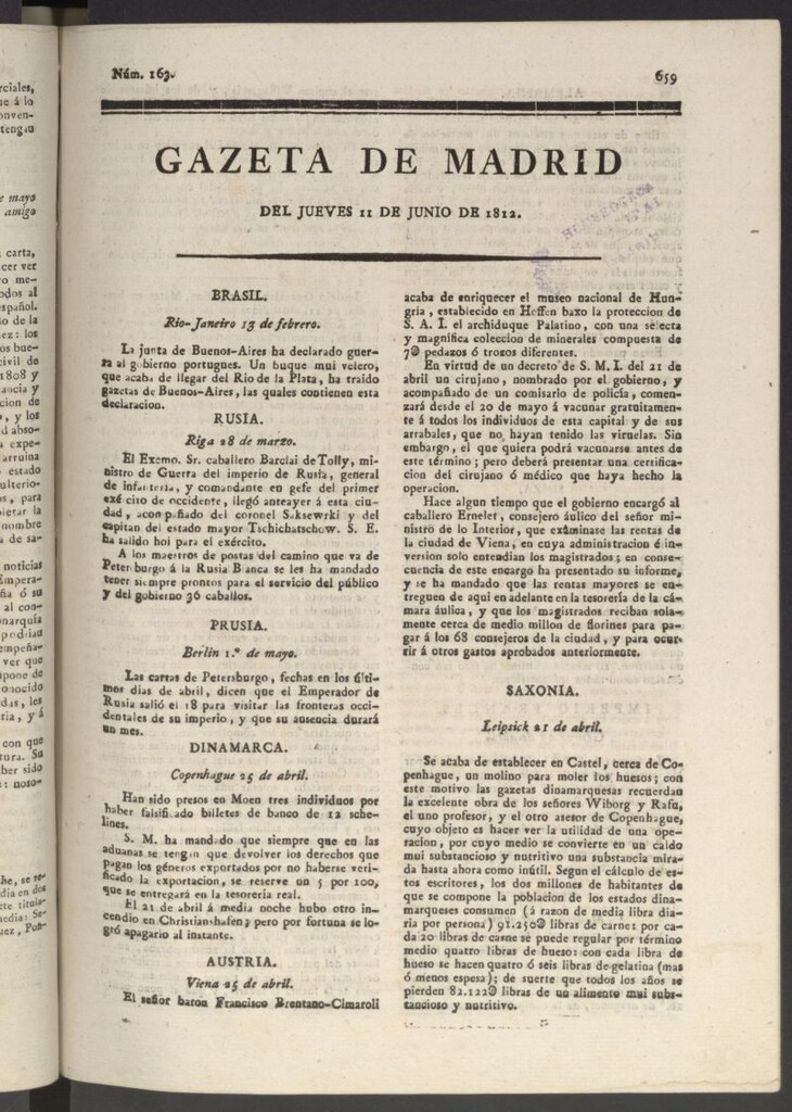 Miniatura de Gaceta de Madrid del 11 de junio de 1812