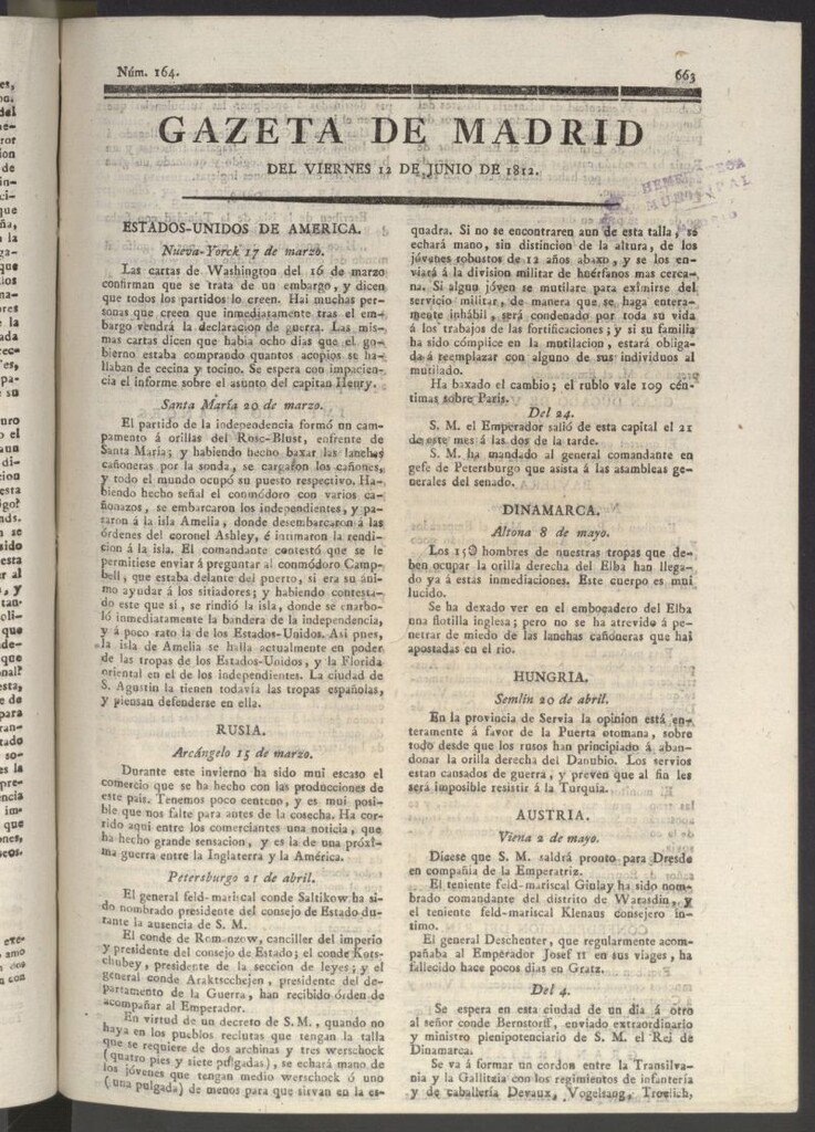 Miniatura de Gaceta de Madrid del 12 de junio de 1812