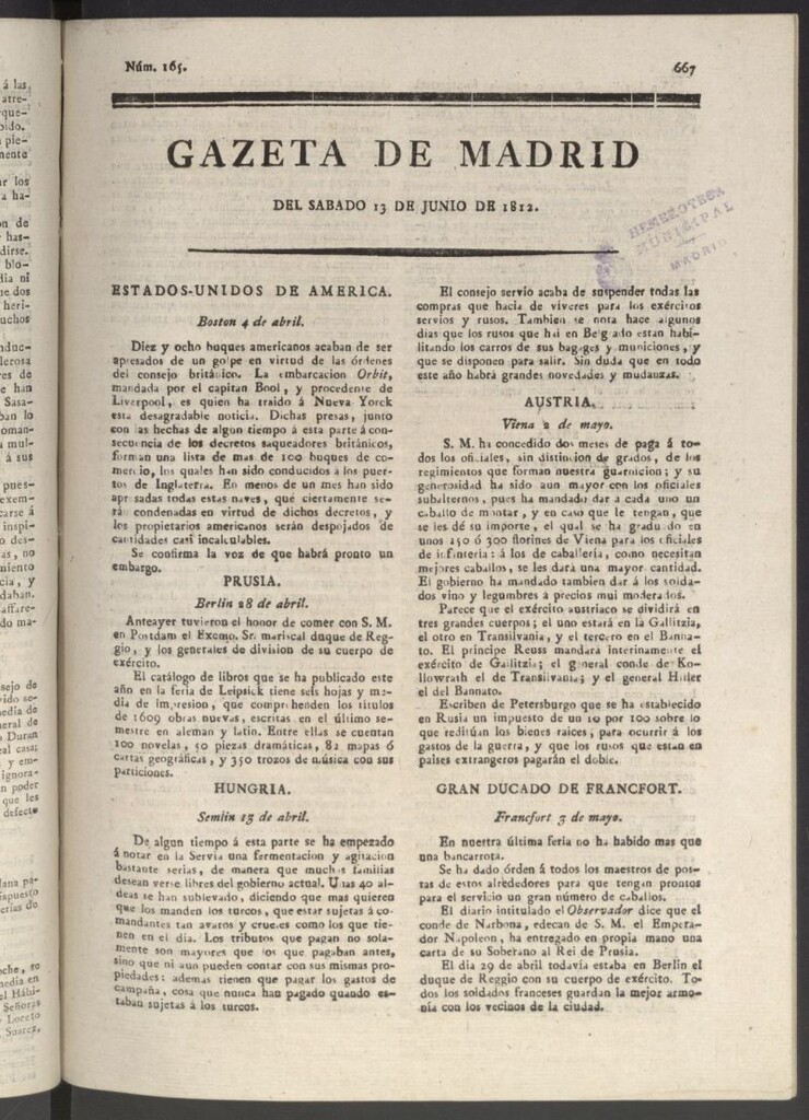 Miniatura de Gaceta de Madrid del 13 de junio de 1812