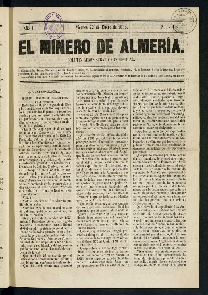 Miniatura de El Minero de Almería : boletín administrativo-industrial del 22 de enero de 1858