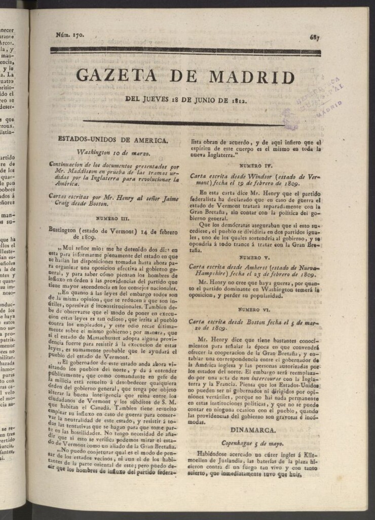 Miniatura de Gaceta de Madrid del 18 de junio de 1812