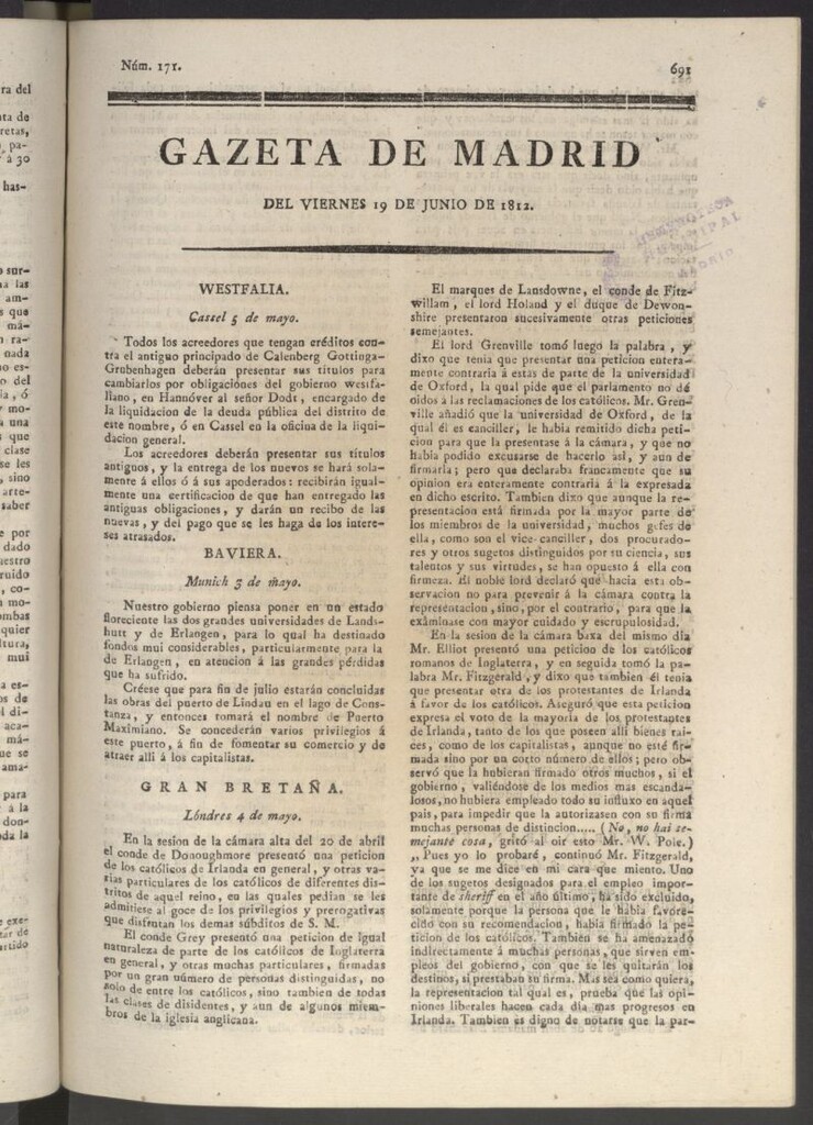Miniatura de Gaceta de Madrid del 19 de junio de 1812