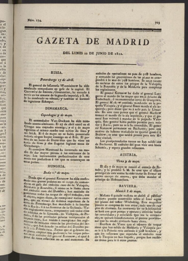 Miniatura de Gaceta de Madrid del 22 de junio de 1812