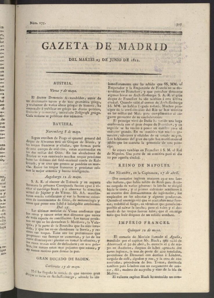 Miniatura de Gaceta de Madrid del 23 de junio de 1812