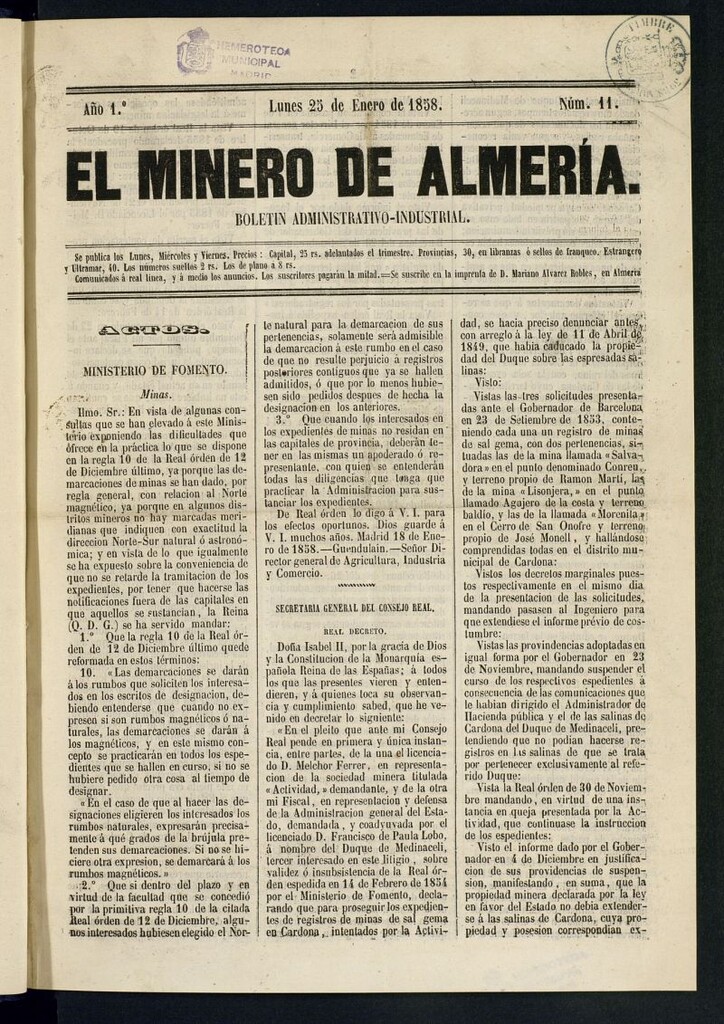 Miniatura de El Minero de Almería : boletín administrativo-industrial del 25 de enero de 1858