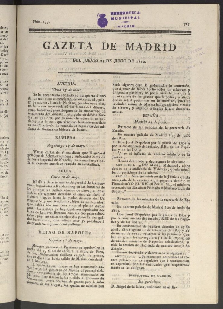 Miniatura de Gaceta de Madrid del 25 de junio de 1812