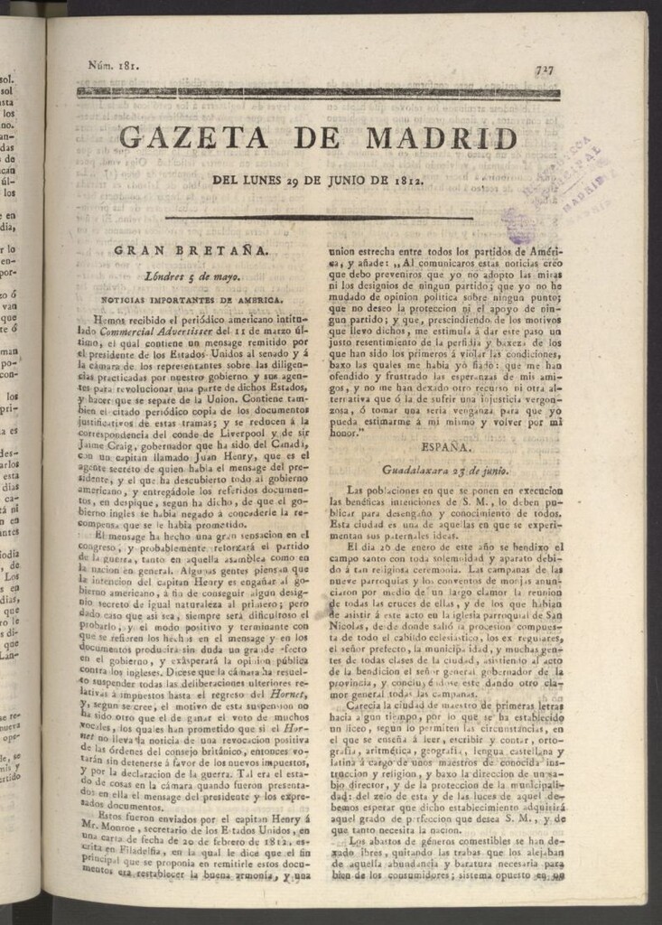 Miniatura de Gaceta de Madrid del 29 de junio de 1812