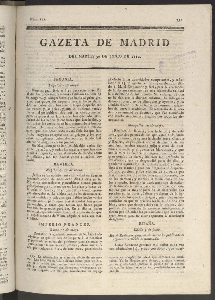 Miniatura de Gaceta de Madrid del 30 de junio de 1812
