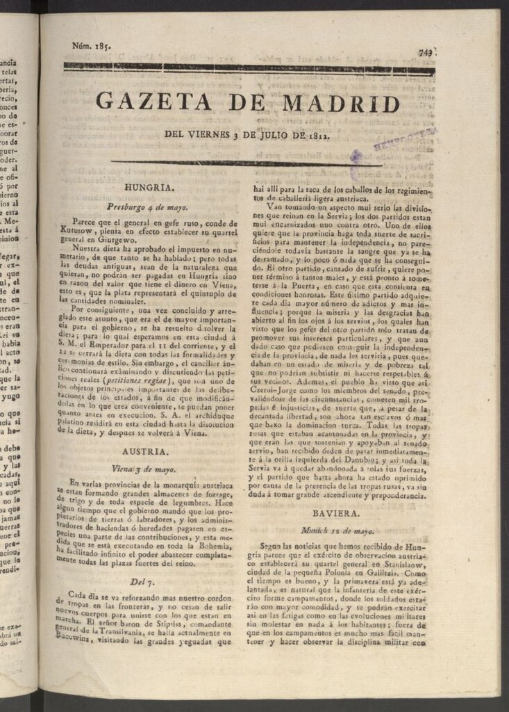 Miniatura de Gaceta de Madrid del 3 de julio de 1812