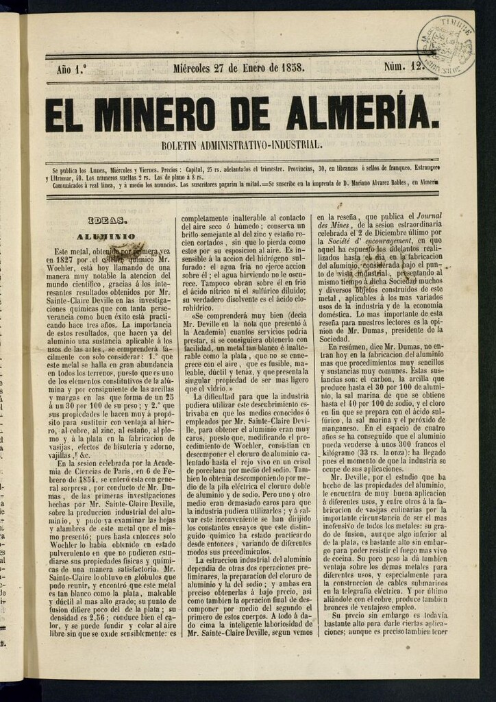 Miniatura de El Minero de Almería : boletín administrativo-industrial del 27 de enero de 1858