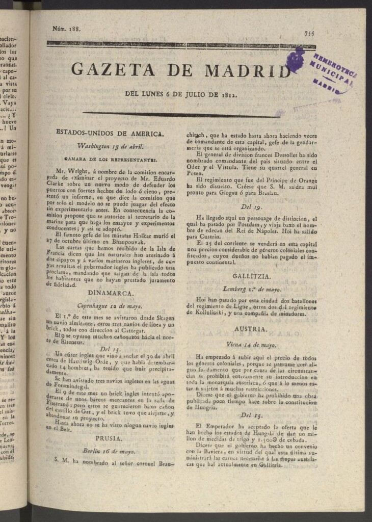 Miniatura de Gaceta de Madrid del 6 de julio de 1812