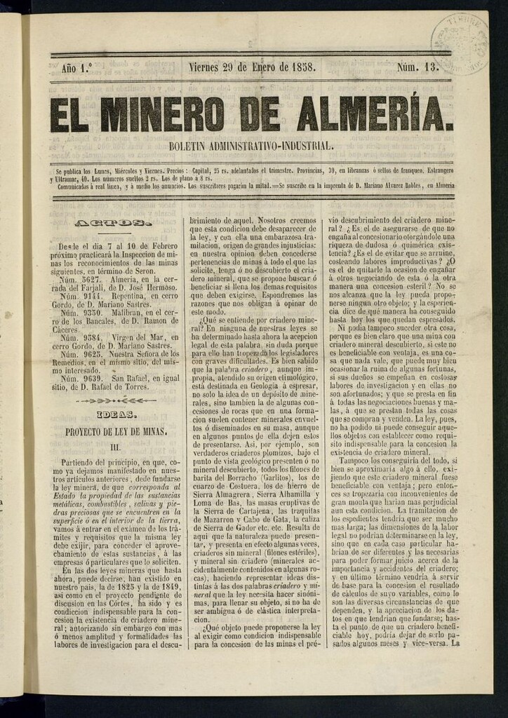 Miniatura de El Minero de Almería : boletín administrativo-industrial del 29 de enero de 1858