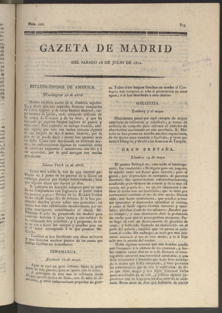 Miniatura de Gaceta de Madrid del 18 de julio de 1812