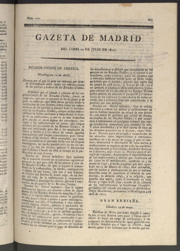 Miniatura de Gaceta de Madrid del 20 de julio de 1812