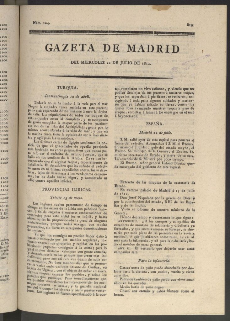 Miniatura de Gaceta de Madrid del 22 de julio de 1812