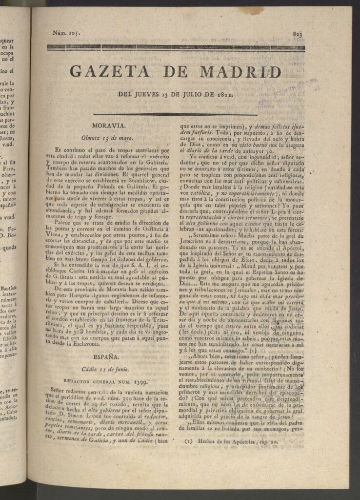 Miniatura de Gaceta de Madrid del 23 de julio de 1812