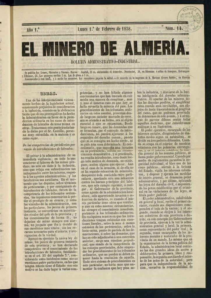 Miniatura de El Minero de Almería : boletín administrativo-industrial del 1 de febrero de 1858
