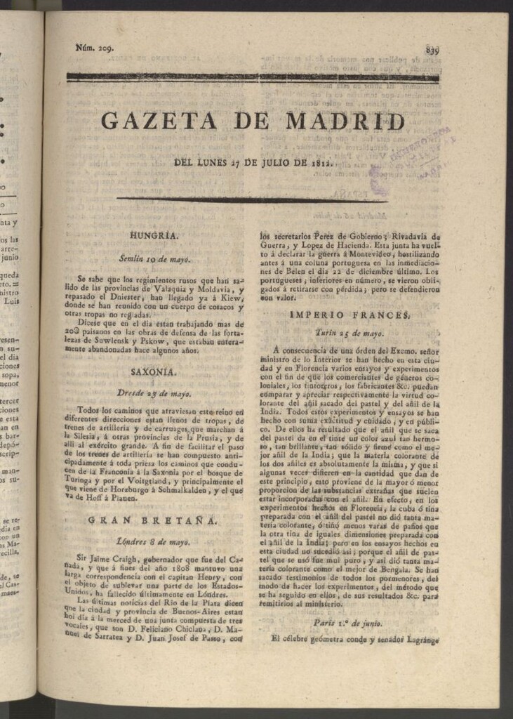 Miniatura de Gaceta de Madrid del 27 de julio de 1812