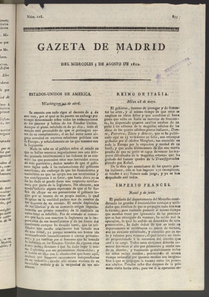 Miniatura de Gaceta de Madrid del 5 de agosto de 1812