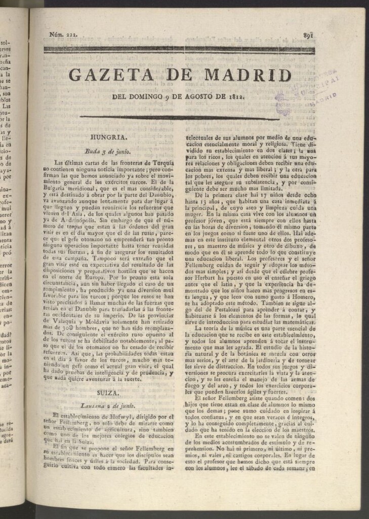Miniatura de Gaceta de Madrid del 9 de agosto de 1812