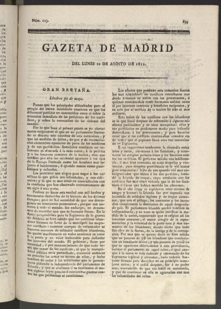 Miniatura de Gaceta de Madrid del 10 de agosto de 1812